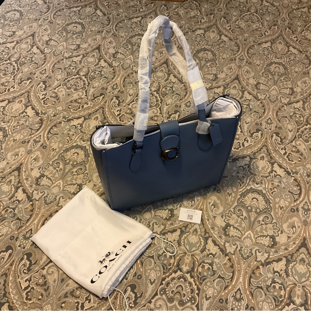 NWT Coach Theo Canyon Tote Bag Pewter Washed Chambray - Picture 2 of 14